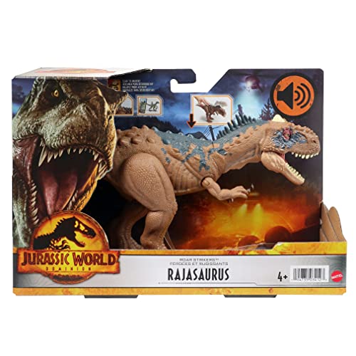 Jurassic World Dominion Roar Strikers Rajasaurus Dinosaur Action Figure with Roaring Sound and Attack Action, Toy Gift Physical & Digital Play