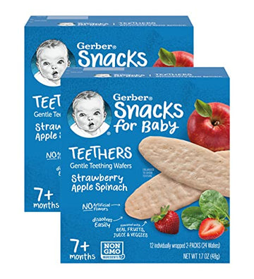 Gerber Snacks for Baby Teethers, Strawberry Apple Spinach, Gentle Teething Wafers, Non-GMO Ingredients, 12 Individually Wrapped 2-Packs/Box (Pack of 2 Boxes)