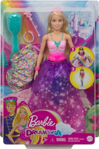 Barbie Dreamtopia 2-in-1 Princess to Mermaid Fashion Transformation Doll (Blonde, 11.5-in) with 3 Looks and Accessories, for 3 to 7 Year Olds