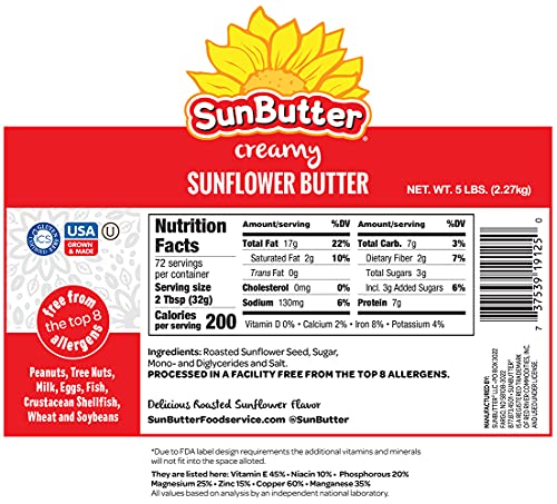Sunbutter Creamy Sunflower Spread Peanut Free Non Allergen Two Five Pound Containers