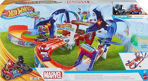 Hot Wheels Racerverse Spider-Man's Web-Slinging Speedway Track Set with Hot Wheels Racers Spider-Man & Black Panther, Multi-Lap Race to Escape Doc Ock
