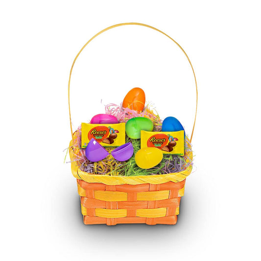 SEDLAV Easter Basket, Easter Baskets for Kids, Yellow & Orange. Include: Basket, 6 Eggs, Reese's Peanut Butter Eggs & Easter Grass. Basket for Gift, Hunts, Premade Easter Baskets (Multicolored Grass)