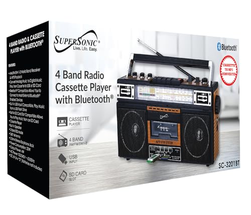 Supersonic SC-3201BT 4 Band Radio & Cassette Player Boombox, Bluetooth Speaker, AM/FM/SW Radio with MP3 Playback, USB & SD Card, 3 Band EQ and Earphone Jack