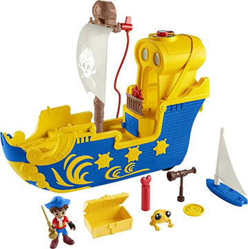 Fisher-Price Santiago of the Seas Pirate Ship El Bravo Playset with Lights Sounds & Phrases, Pirate Santiago & Kiko Figures, 6 Play Pieces