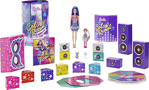 Barbie Color Reveal Surprise Party! Set with 50+ Surprises: 1 Barbie Doll, 1 Chelsea Doll, 2 Pets, 6 Color-Change Activations, Accessories & More, Dance Party-Themed Set, Gift for Kids 3 Years Old +