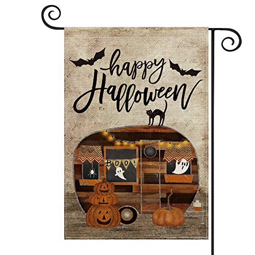 AVOIN Happy Halloween Camper Trailer Pumpkin Garden Flag Vertical Double Sized, Black Cat Ghost Bat Yard Outdoor Decoration 12.5 x 18 Inch