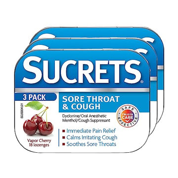 Sucrets Sore Throat & Cough Lozenges, Vapor Cherry Flavor, 18 Count (Pack of 3)
