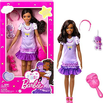 Barbie My First Barbie Preschool Doll, "Brooklyn" with 13.5-inch Soft Posable Body & Black Hair-Plush Poodle & Accessories, 13.5-inch Scale