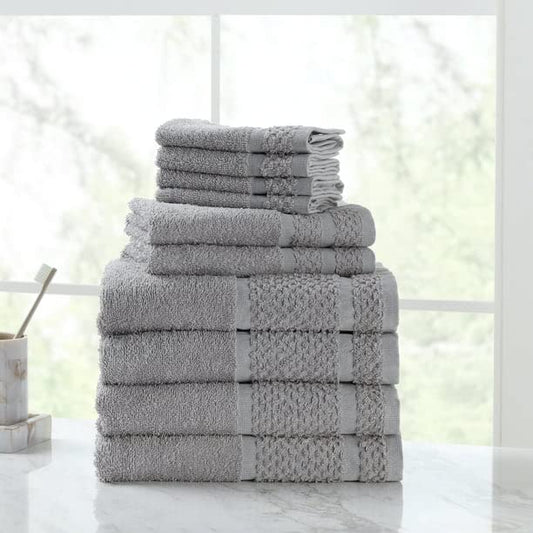 10 Piece Towels Set 100% Cotton Solid Dyed Casual Bath Towel (Grey)