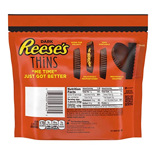 REESE'S THINS Dark Chocolate Peanut Butter Cups Candy, Individually Wrapped, 7.37 oz Share Pack