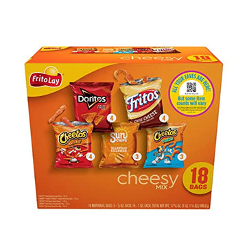 Frito-Lay Snacks Cheesy Mix Chips Variety Pack, Doritos, Cheetos, Fritos, SunChips, (18 Pack) (Assortment May Vary)