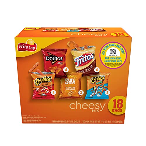 Frito-Lay Snacks Cheesy Mix Chips Variety Pack, Doritos, Cheetos, Fritos, SunChips, (18 Pack) (Assortment May Vary)