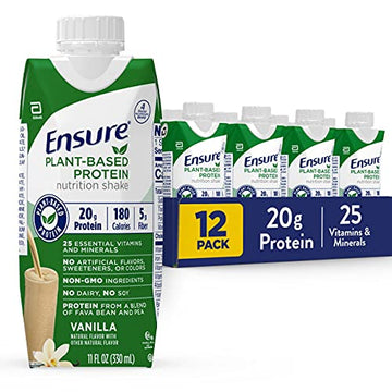Ensure 100% Plant-Based Vegan Protein Nutrition Shakes with 20g Fava Bean and Pea Protein, Vanilla, 11 fl oz,(Pack of 12)