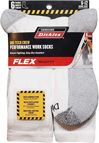 Genuine-Dickies Men's Dri-Tech Performance Crew Work Sock 6-Pair-Pack (White) (Shoe Size: 6-12)