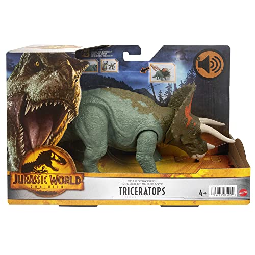 Jurassic World Dominion Roar Strikers Triceratops Dinosaur Action Figure with Motion and Sound, Toy Gift with Physical and Digital Play