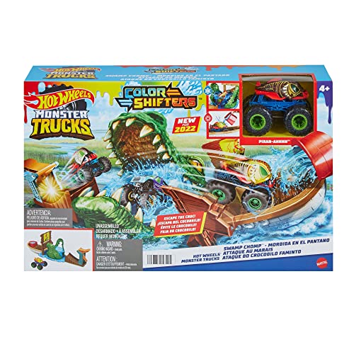 Hot Wheels Monster Trucks Attack on the Croco Set with 1 Monster Truck Color Shifters, Water Game, Children's Toy, Age 4 and Above, HGV14