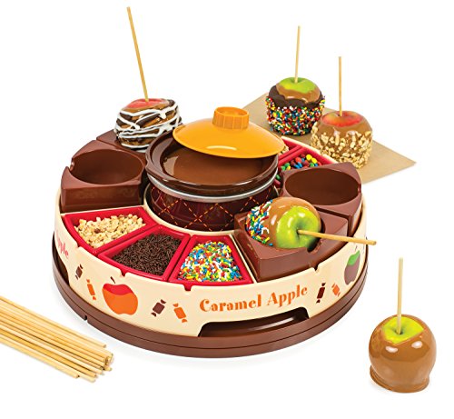 Nostalgia Chocolate & Caramel Fondue Pot, 25 Sticks, Fondue Machine with Decorating and Toppings Trays, Brown