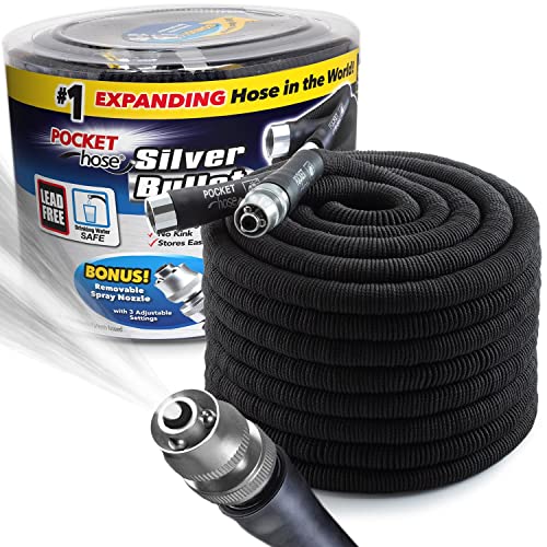 Pocket Hose Silver Bullet 100 ft Turbo Shot Nozzle Multiple Spray Patterns Expandable Garden Hose 3/4 in Solid Aluminum Fittings Lead-Free Lightweight and No-Kink, Black