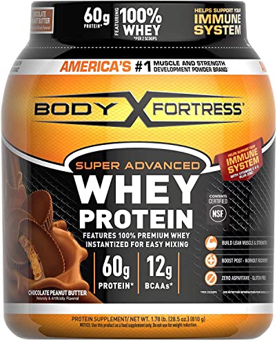 Body Fortress Super Advanced Whey Protein Powder, Chocolate Peanut Butter, Immune Support (1), Vitamins C & D Plus Zinc, 1.78 lbs