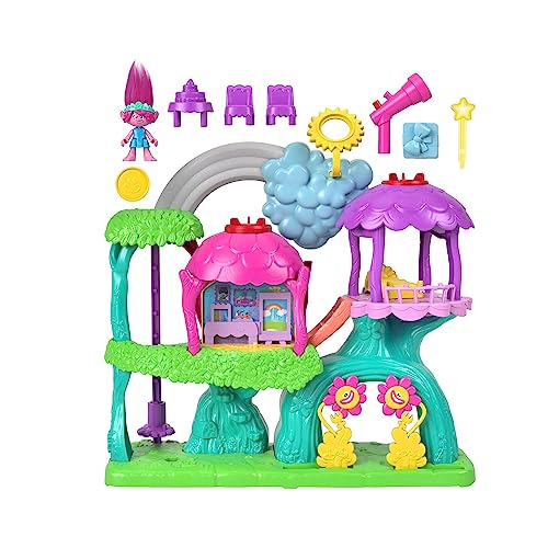 Fisher-Price Imaginext DreamWorks Trolls Musical Toy Playset, Lights & Sounds Rainbow Treehouse with Poppy Figure & 7 Play Pieces for Preschool Kids