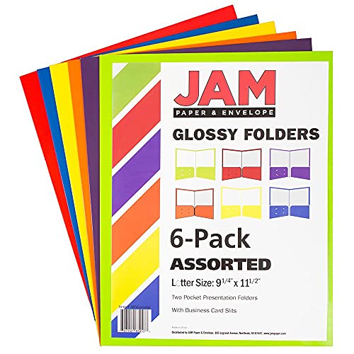 JAM PAPER Laminated Two Pocket Glossy School Folders - Letter Size - High Gloss Assorted Primary Colors - 6/Pack