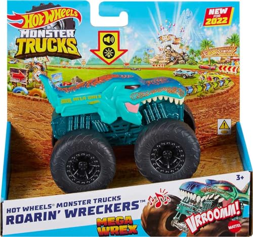 Hot Wheels Monster Trucks Roarin’ Wreckers Mega Wrex 1:43 Scale Truck with Lights & Sounds, Plays Theme Song, Toy for Kids 3 Years Old & Up