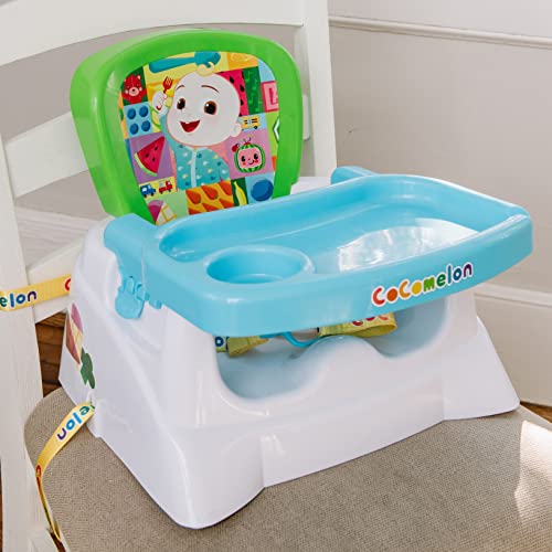 CoComelon Booster Seat with Tray – Portable Toddler Chair for Dining Table | JJ Green and Blue Kids Travel Seat with Safety Buckles | Dishwasher Safe Tray – Sunny Days Entertainment