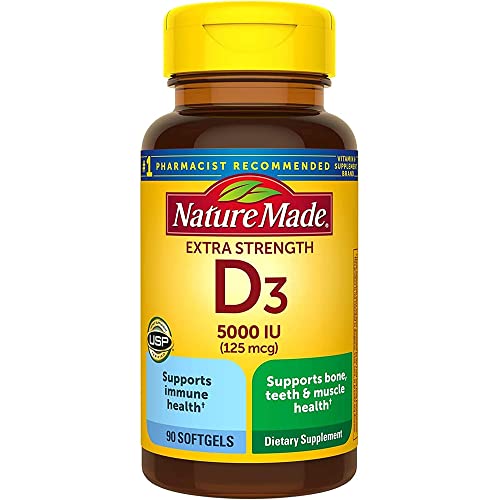 Nature Made Extra Strength Vitamin D3 5000 IU (125 mcg), Dietary Supplement for Immune Support, 90 Softgels ..…