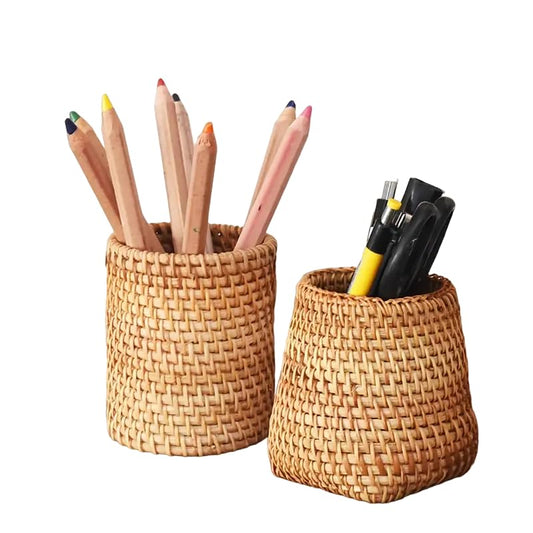 SEDLAV Handwoven Rattan Pen Holder & Organizer - Stylish Stationery & Makeup Storage- Multi-Functional Woven Basket