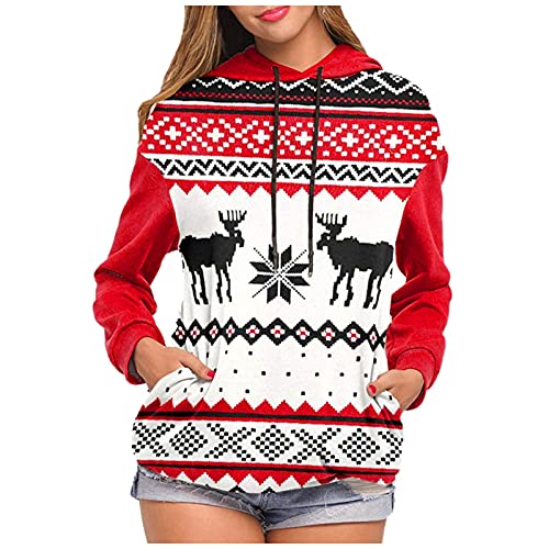 Sweatshirts for Women Print Hooded Casual Christmas Fleece Ladies Stitching Sweatershirt Long-Sleeved Women's Hoodies & White