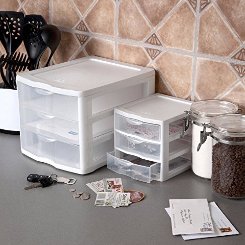 Sterilite Small 3 Drawer Organizer - White, Clear Drawers, Case of 6