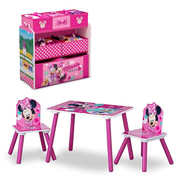 Disney Minnie Mouse 4-Piece Playroom Solution by Delta Children – Set Includes Table and 2 Chairs and 6-Bin Toy Organizer