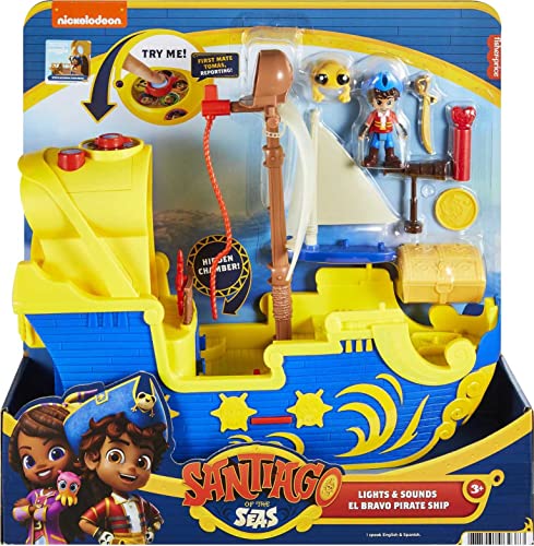 Fisher-Price Santiago of the Seas Pirate Ship El Bravo Playset with Lights Sounds & Phrases, Pirate Santiago & Kiko Figures, 6 Play Pieces