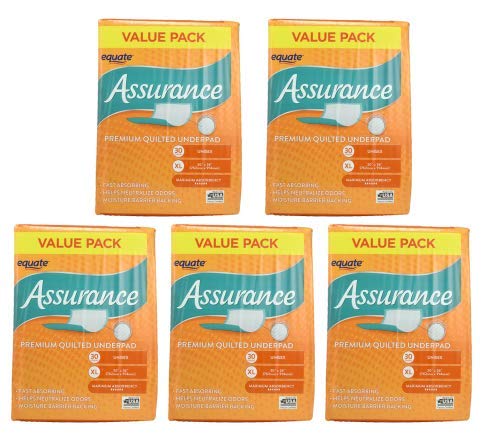 Equate Assurance Maximum Absorbency Unisex Premium Quilted Underpad Value Pack, XL, 30 Count (Pack of 5)