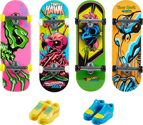 Hot Wheels Skate Neon Bones Tony Hawk-Themed Fingerboard and Shoes, Finger Skateboard and Removable Skate Shoes Designed in Collaboration with Tony Hawk