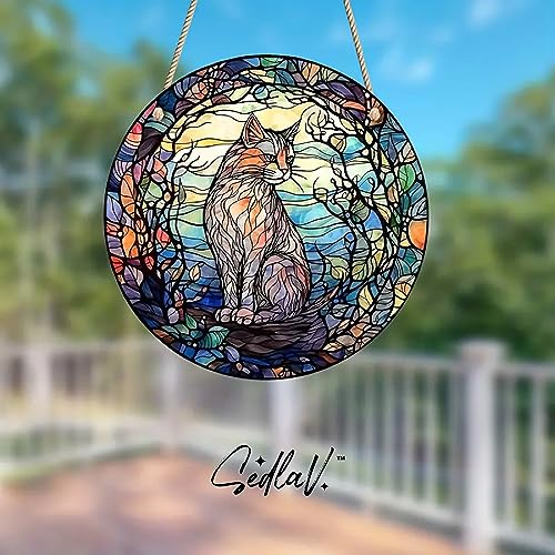 SEDLAV Personalized Cat Memorial Suncatcher Cat Catcher with Name & Date - Sentimental Dog Condolence Gift - Organic Birch & Stained Glass - Crystal Garland - Cat Loss Gift