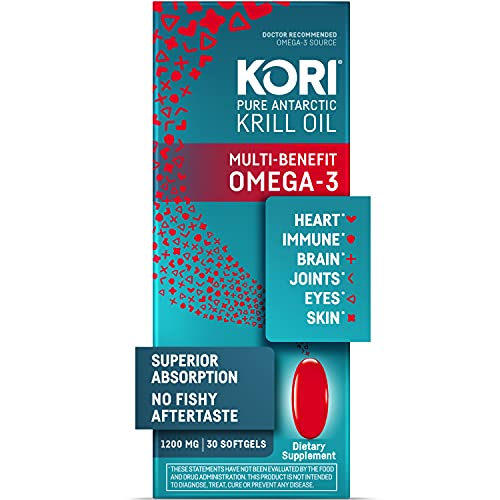 Kori Antarctic Krill Oil Omega-3 1200mg Max Strength 1 Softgel a Day for Heart Brain Joint Eye Skin & Immune – Superior Absorption vs. Fish Oil and No Fishy Burps