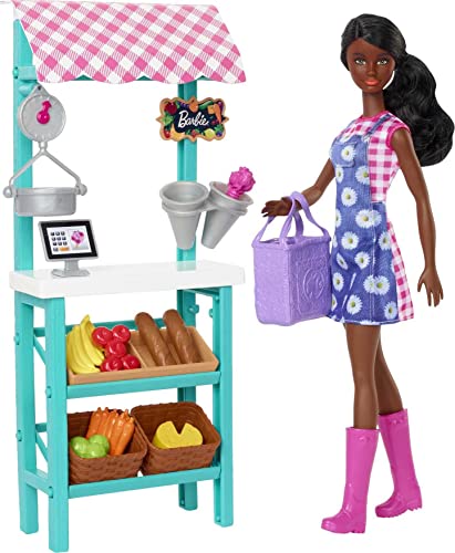 Barbie Farmers Market Playset, Barbie Doll (Brunette), Stand, Register, Vegetables, Bread, Cheese & Flowers, Great For Ages 3 Years Old & Up