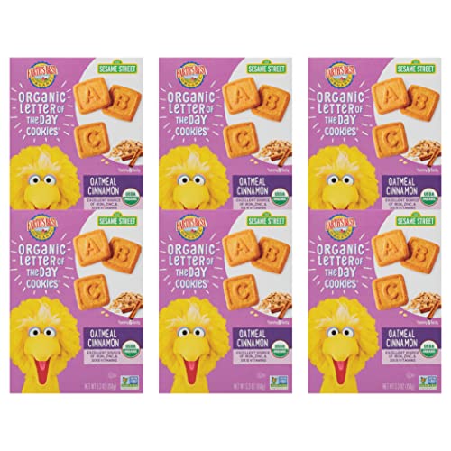 Earth's Best Organic Kids Snacks, Sesame Street Toddler Snacks, Organic Letter of the Day Cookies for Toddlers 2 Years and Older, Oatmeal Cinnamon, 5.3 oz Box (Pack of 6)