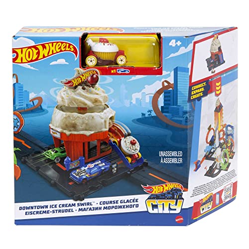 Hot Wheels City Track Set with 1 Car, Track Play That Connects to Other Sets, Ice Cream Shop Playset