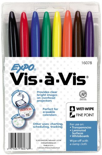 Newell Corporation San16078 Marker Set Vis A Vis 8 Ct Wet/Erase-Bk Rd Bl Grn Yw Or BRN Pur