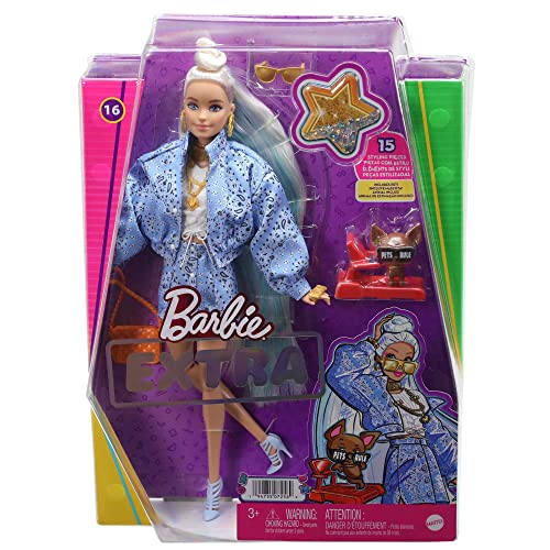 Barbie Doll and Accessories, Barbie Extra Fashion Doll with Platinum Blonde Hair and Blue Paisley-Print Jacket, Pet Chihuahua