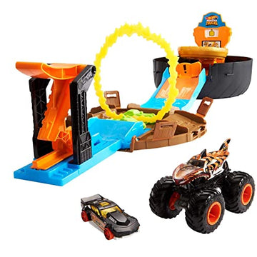 Hot Wheels Monster Trucks Stunt Tire Play Set Opens to Reveal Arena with Launcher, 1 1:64 Scale Car & 1 Monster Truck, Portable Toy Gift Set for Ages 4 to 8 Years Old