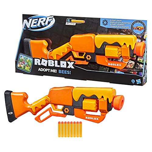 NERF Roblox Adopt Me!: Bees! Lever Action Dart Blaster, Rotating 8-Dart Drum, 8 Elite Darts, Code to Unlock in-Game Virtual Item