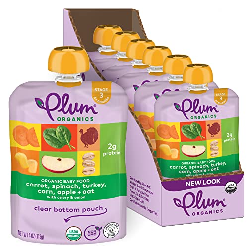 Plum Organics | Stage 3 | Organic Baby Food Meals [9+ Months] | Carrot, Spinach, Turkey, Corn, Apple & Potato | 4 Ounce Pouch (Pack Of 6) Packaging May Vary