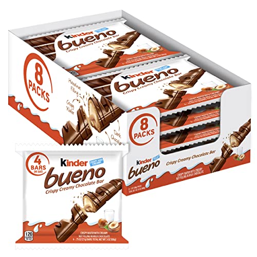 Kinder Bueno Milk Chocolate and Hazelnut Cream, 2 Packs, 2 Individually Wrapped Chocolate Bars, 1.5 oz each, Bulk 8 Pack