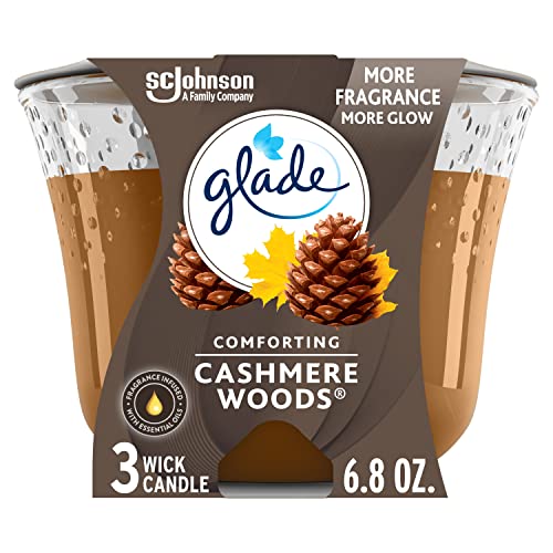 Glade Candle Cashmere Woods, Fragrance Candle Infused with Essential Oils, Air Freshener Candle, 3-Wick Candle, 6.8 Oz