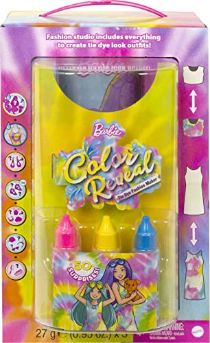 Barbie Color Reveal Set, Tie-Dye Fashion Maker, Color Reveal Barbie Doll, Chelsea Doll and Pet, Tie-Dye Tools and Dye-able Fashions