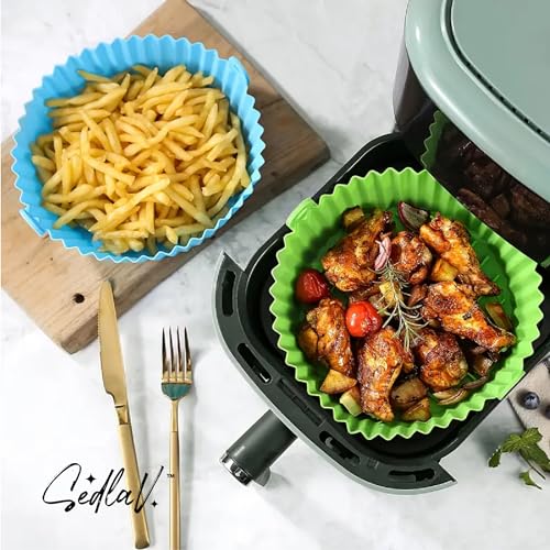 SEDLAV Air Fryer Oven Silicone Pot Set, 8.45 & 7.5 Inch - 2 Pack Non-Stick Inner Basket Replacements with Unique Oil Guide Groove Design - Heat Resistant, Food-Safe & Easy to Clean