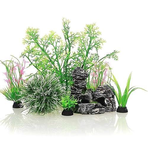 SEDLAV 7-Piece Aquarium Decor Set - Small & Large Plastic Plants with Cave Rock - Fish Tank Decorations & Betta Fish Accessories - Anchored Base, Ideal Home & Kitchen Decor - Wonderful Presents Choice